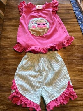 Girls Ruffle Pink Top & Blue Striped Shorts Set